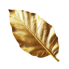 Golden metallic 3d leaf isolated on white. Single luxury gold floral element. Generative AI.