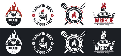 barbecue logo design vector grill and fire with fork and spatula combination