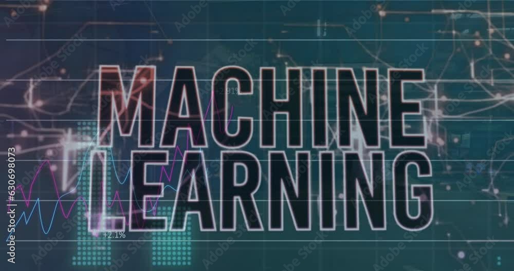 Poster animation of machine learning text and multiple graphs with numbers over warehouse