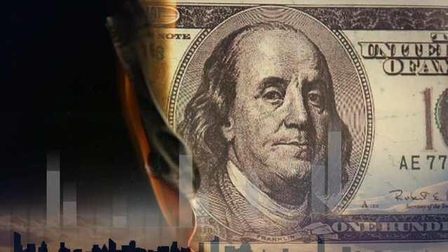 Animation of burning 100 dollar bill over bar graphs against black background