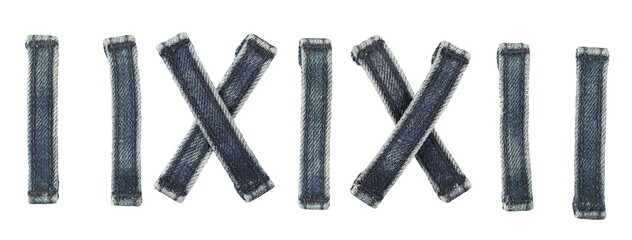 Set parts of jeans fabric isolated on white, design elements numbers, letters and symbols