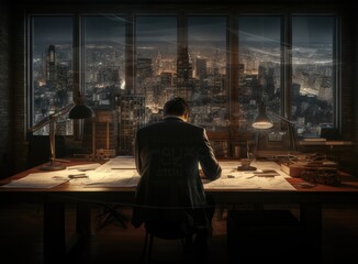 Concept architects, engineer holding pen pointing equipment architects On the desk with a blueprint in the office, Vintage, Created with Generative AI technology.