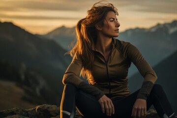 Woman hiker sits and enjoys valley view from viewpoint. Hiker reached top of the mountain and relaxes generative ai