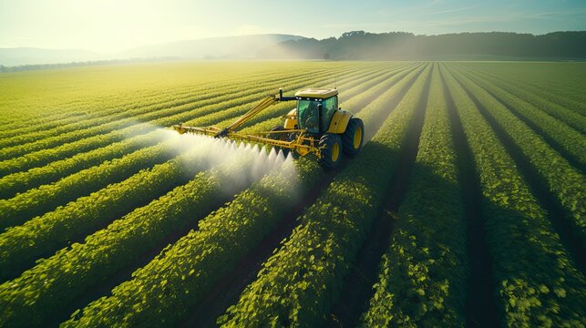 Soy Bean Field Under Irrigation System: Tractor Spraying Pesticides in Countryside Crop Land: Generative AI