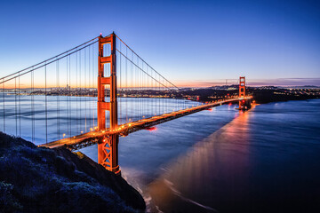 Panoramic view of Golden Gate Bridge at dawn in San Francisco, California, USA
