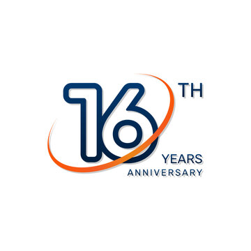 16th anniversary logo in a simple and modern style in blue and orange colors. logo vector illustration
