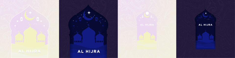 Fototapeta na wymiar Al Hijri abstract artwork. Pastel gradient and dark blue backgrounds. Mosque silhouette and desert dunes in window. Stars, moon, lantern elements. Vector Illustration. EPS 10. 