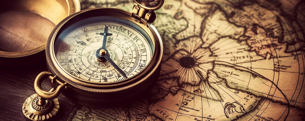 Vintage Old Compass on Antique Map, Retro Navigation and Exploration, Old Compass on the vintage map,
Lost at Sea - Antique Compass and Navigation Equipment on Vintage Map, Generative AI