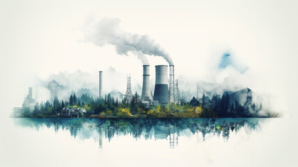 A coal-fired power station watercolor style. - global warming concept. - obrazy, fototapety, plakaty