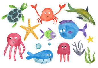Set of sea inhabitants. Watercolor illustration. For children.