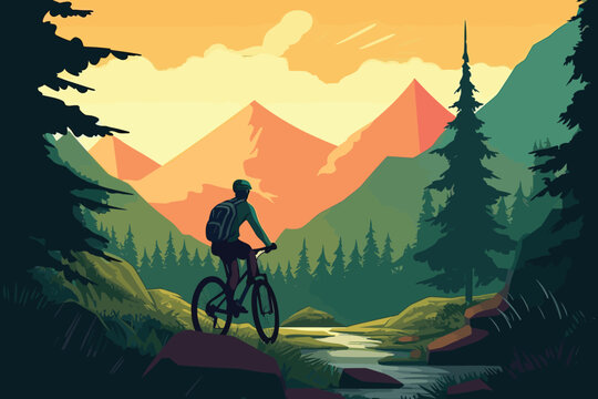 silhouette of a person in the mountains watercolor hand-painted vector art painting illustration Man cyclist riding on bike in ighlands vector illustration
