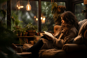 cozy photo of enjoying a good book while listening to the rain outside, creating a peaceful and relaxing atmosphere Generative AI