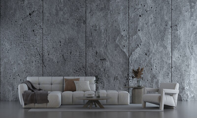Modern living room and stone wall texture background interior design, mock up room, furniture decor, 3d rendering.