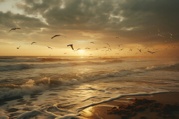 Obraz premium beauty of a rainy day at the beach, with waves crashing and seagulls in flight Generative AI