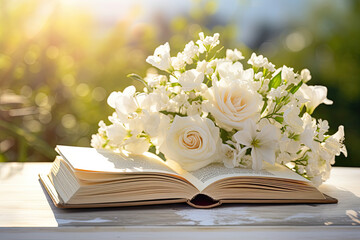 A  book with a bouquet of flowers，blurred nature behind