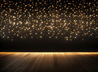 Abstract Christmas lights on black background. Defocused Glowing light bulb garland, copyspace. Created with Generative AI technology.