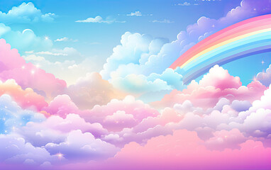 Rainbow pastel clouds in the sky, stars and sparkles 