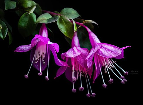 Pink and purple fuchsia flower on balck background. Nature concept. Created with Generative AI technology.