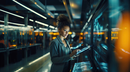 Black female, Chief Technology Officer, using a tablet standing in Big Data Center - obrazy, fototapety, plakaty