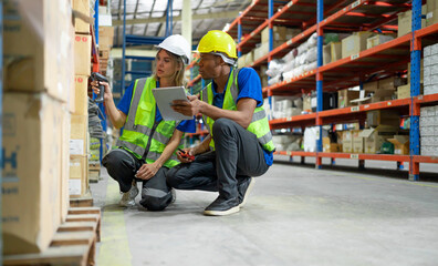 Warehouse worker scan merchandise box with bar code reader at storage. Diverse ethnic people...
