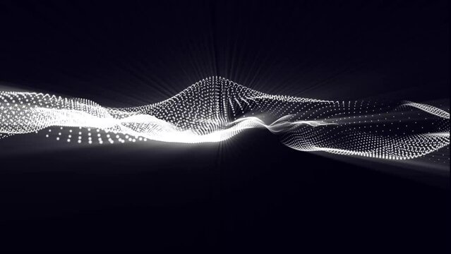 Black abstract background and white digital dots form wave. Futuristic, Modern, Digital, Abstract and technology dots wave background. Data technology. Connecting dots and lines on black background.