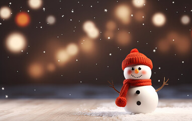 Naklejka na ściany i meble Christmas winter background with snow, one cute snowman and blurred bokeh.