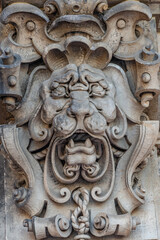 Dresden, Germany - May 3, 2023: Ancient decoration element of scary lion head in downtown historical center of Dresden, Germany