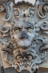 Dresden, Germany - May 3, 2023: Ancient decoration element of scary lion head in downtown historical center of Dresden, Germany