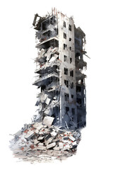 Destroyed concrete skyscraper building isolated on a transparent background. Ai generative art.