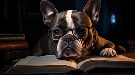 french bulldog puppy reading a book
