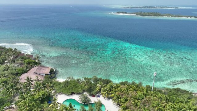 aerial view, Asia, Maldives, North Male Atoll, Kuda Huraa,  Four Season Maldives, , with beaches and water bungalows