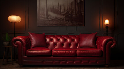 A red leather couch in a dark room
