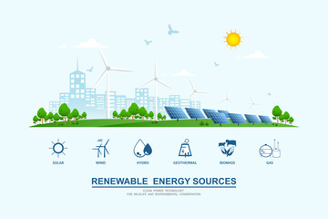 Environmental care and use clean green energy from renewable sources and low carbon concept, Wind power generators or Turbine farm and Solar cells panels, Power generation industry on city background.