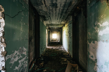 Dark empty corridor or tunnel in abandoned house with light in end.
