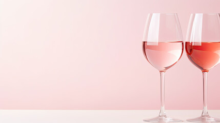 Two glasses of champagne on the pastel pink background 