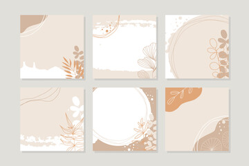 Spring pastel neutral abstract square backgrounds with flowers. Beige color vector set. Social media posts, stories, banners, invitation, mobile apps, online ads, poster, postcards, greetings