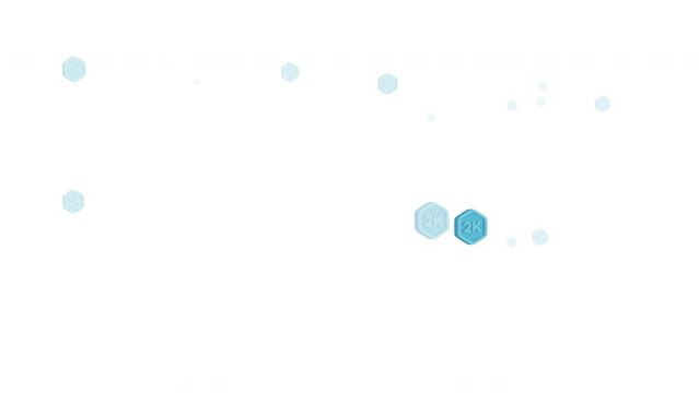 2K followers blue 3D flying badges, alpha channel 4k video animation. Two thousand subscribers, views, visualization, and social media labels. Congratulations or thank you motion graphics objects.