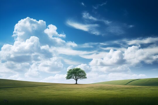Embracing Loneliness: A Lone Tree Stands in the Middle of an Open Field Under the Radiant, Blue Sky