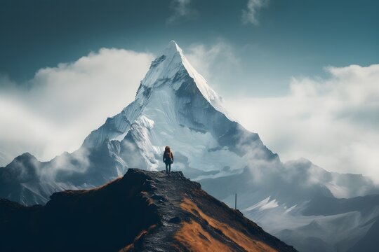 A Solo Summit: A Lone Hiker Celebrating the Accomplishment of Reaching a Mountain Peak in Solitude