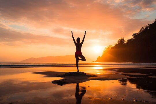 Serenity in Solitude: Practicing Yoga Alone on a Peaceful Beach, Welcoming the Sunrise