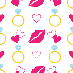 Vector seamless pattern with wedding ring, hearts and pink lips isolated on white background. Wedding wallpaper