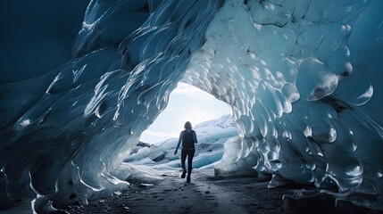 Solo female adventure traveler is discovering the ice caves