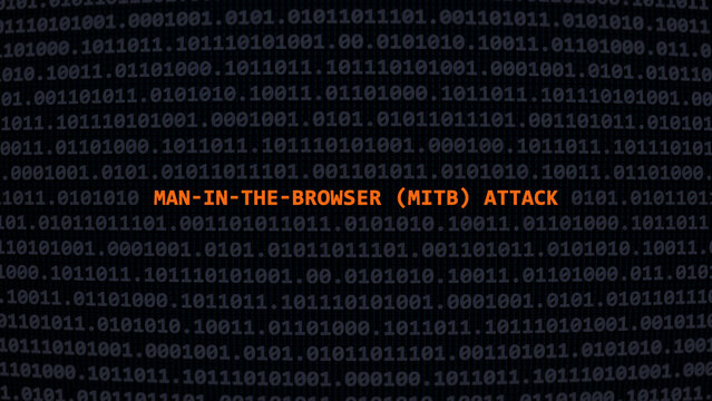 Cyber attack man-in-the-browser (mitb) attack. Vulnerability text in binary system ascii art style, code on editor screen. Text in English, English text