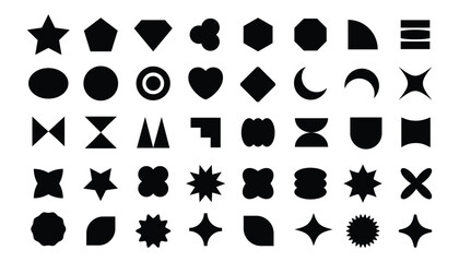 Basic shapes vector set. Different quality geometric formal shape. Polygonal elements. Modern trendy minimalist basic figures, stars, lines, circles, hexagon, star, triangle, moon on white background
