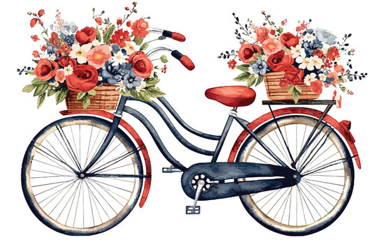 Colorful bicycle decoration with the flower bouquet. Watercolor Female bicycle with a floral basket for your design vector art illustration.