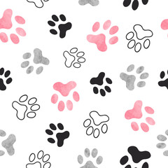 Dog paw print seamless pattern in pink and black colors	