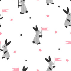 Seamless pattern with cute bunny and flags. Vector rabbits illustration. Nursery design