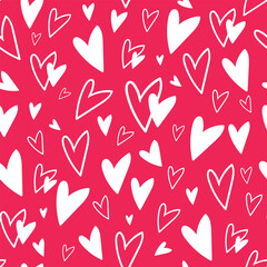 Seamless pattern with white doodle hearts on red background. For Valentine's Day wrapping paper, textile and decoration. Hand drawn vector illustration
