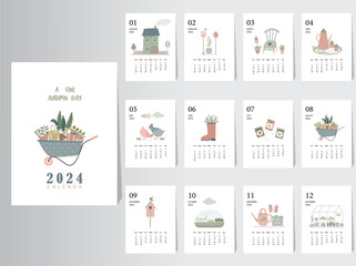 Cute calendar 2024 design,The year of plant monthly cards templates,Set of 12 month,Monthly trees,plant,Vector illustrations.