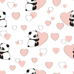 Seamless love pattern with cute panda bears and hearts. Valentine's day design, wrapping paper	